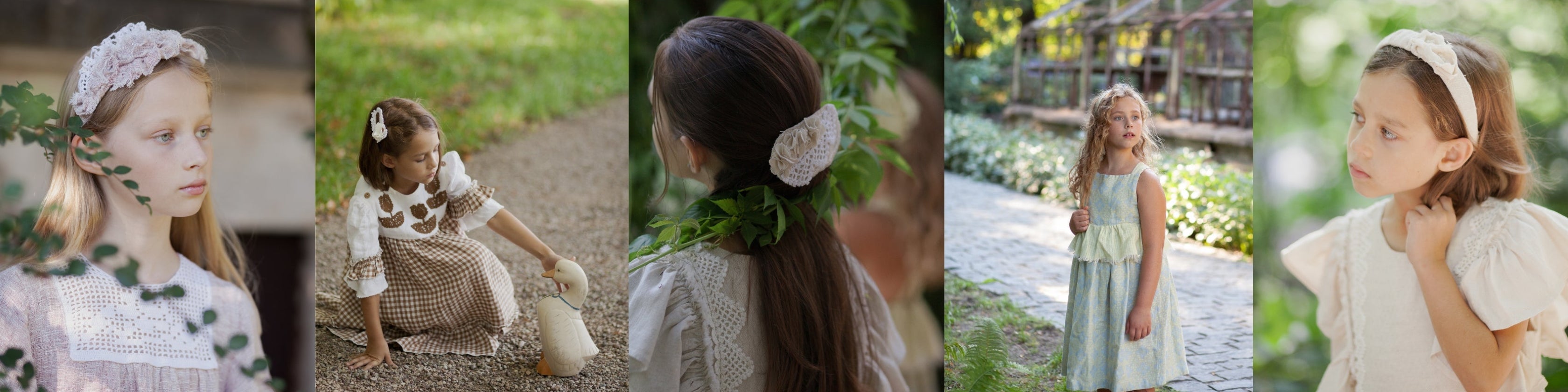 Collage of a young girl in various outdoor settings with floral headbands.